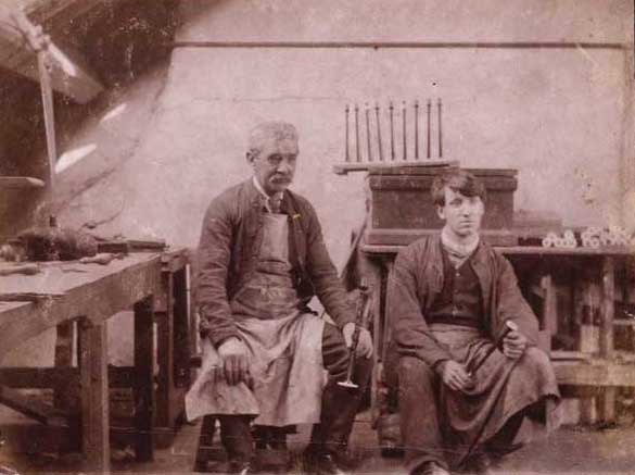 David Glen with his father Alexander in the shop, sometime between 1869 and 1873.