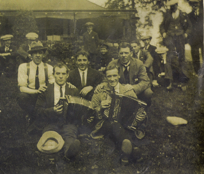 Tom, with accordion at right, out with the boys at Dunfermline in the 1920s.