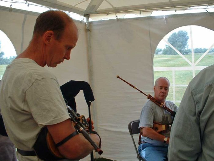 Playing Border Pipes with Hamish Moore at the 2002 Pipers' Gathering in North Hero, Vermont.