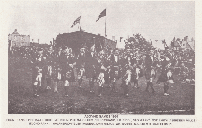 As John Wilson describes in his autobiography, Robert Meldrum leads the competing pipers at Aboyne games in 1930. Notice that Meldrum played under the right shoulder. Click on the photo for a larger version and to see the names of some of the other pipers.
