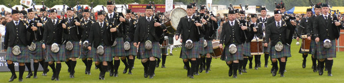 The remarkable front rank of the Sprit of Scotland Pipe Band, 2008, from left to right: P/M Roddy MacLeod, Niall Stewart, Angus MacColl, Colin MacLellan, Iain Speirs, Alasdair Gillies, Jim McGillivray, Willie McCallum.